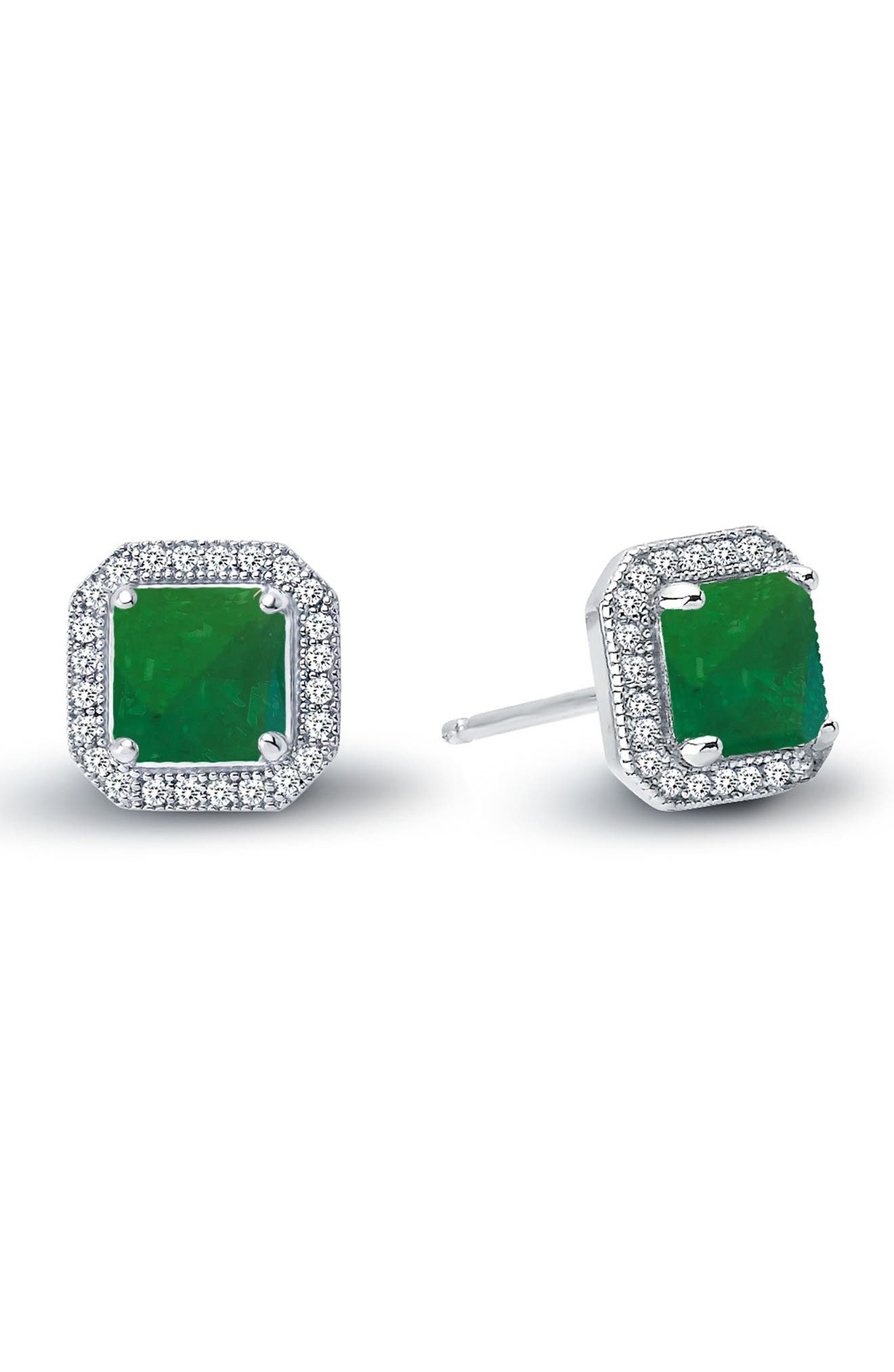 Lafonn Platinum Plated Sterling Silver Princess Cut Emerald & Simulated Diamond Trim Stud Earrings In White-emerald