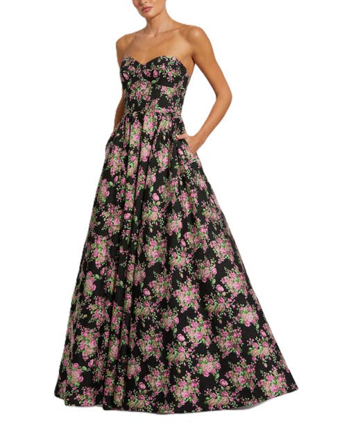 Mac Duggal Strapless Sweetheart Brocade Floral A Line Gown in Black Multi 