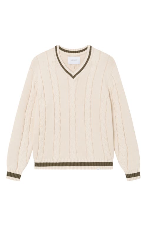 Les Deux George Cable Knit V-Neck Sweater in Ivory/Olive Night