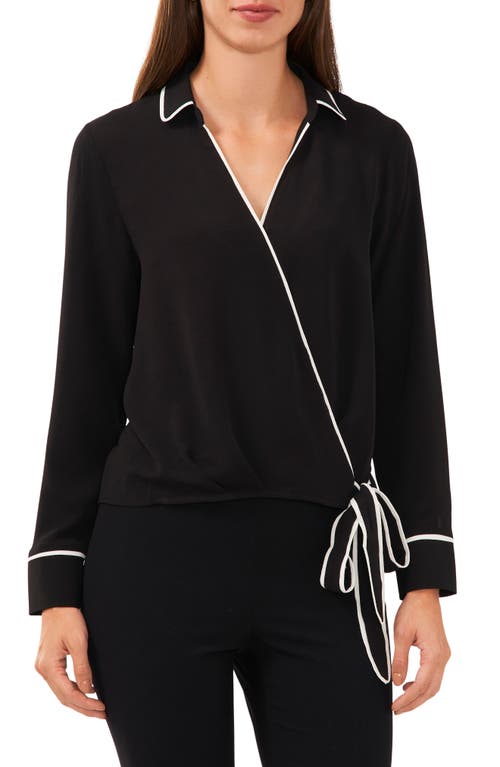 halogen(r) Contrast Piping Faux Wrap Top in Rich Black