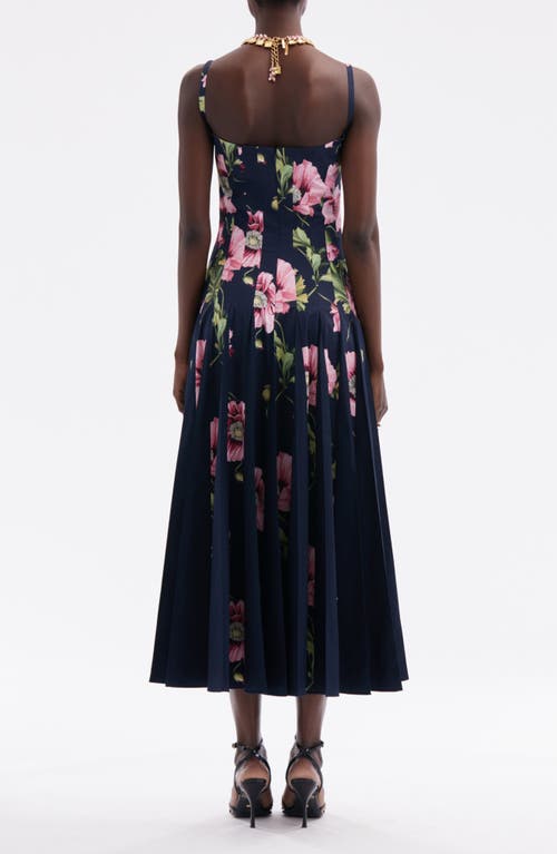 Shop Oscar De La Renta Paneled Poppy Print Midi Dress In Navy/pink