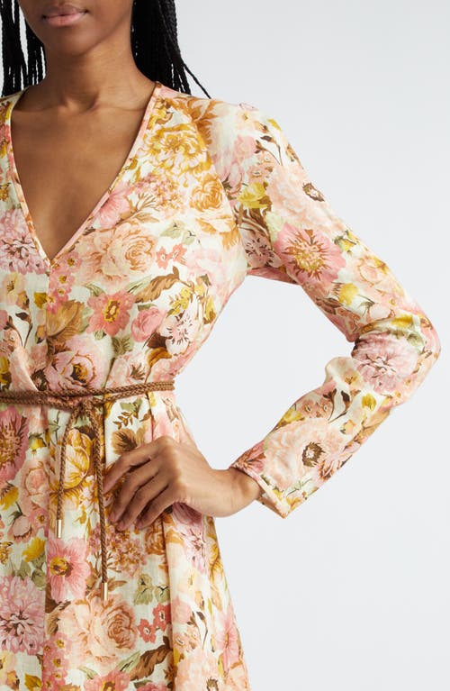 Shop Zimmermann Golden Floral Print Long Sleeve Linen Maxi Dress In Pink Rose