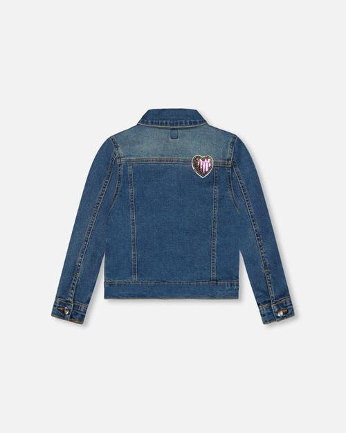 Shop Deux Par Deux Girl's Denim Jacket With Embroidery Patch In Navy Denim