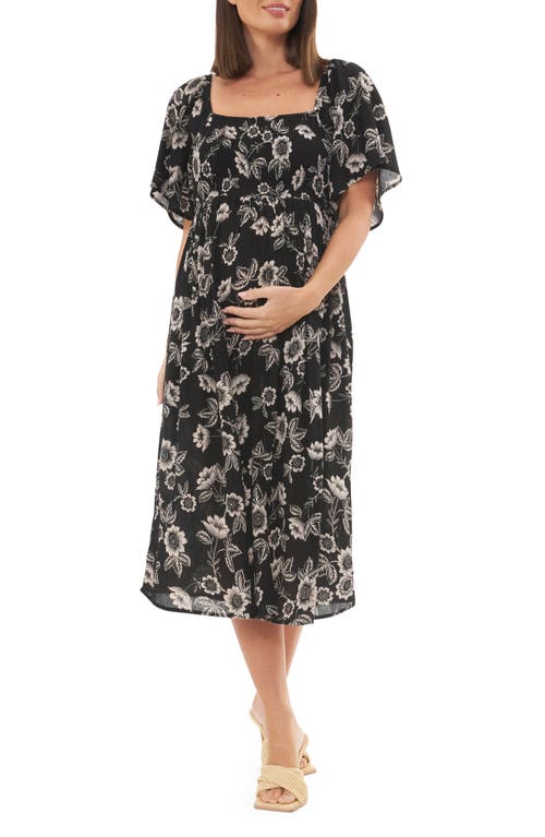 Ripe Maternity Trina Floral Shirred Midi Maternity Dress In Black/natural