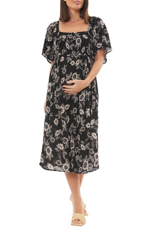 Ripe Maternity Trina Floral Shirred Midi Dress Black /Natural at Nordstrom,