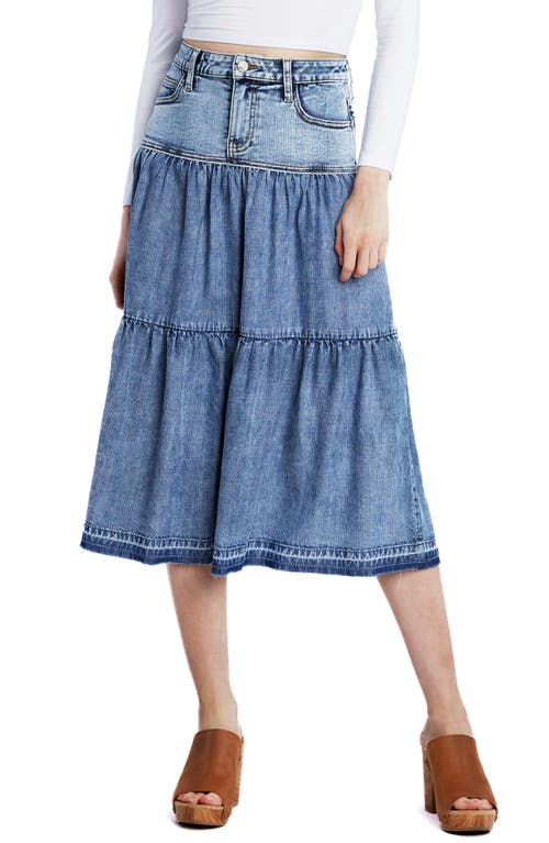 Tiered Denim Midi Skirt in Flare Blue