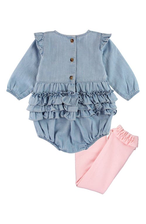 Shop Rufflebutts Ruffle Denim Bubble Romper & Tights Set In Light Wash Denim