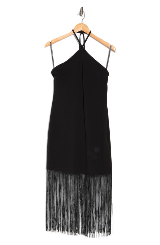 Nicole Miller Halter Neck Fringe Hem Slipdress In Very Black