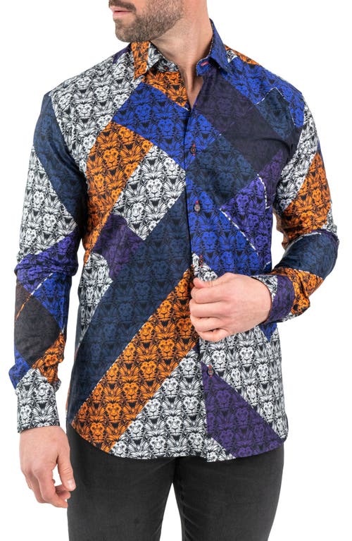 Maceoo Fibonacci Lion Print Contemporary Fit Button-up Shirt In Black