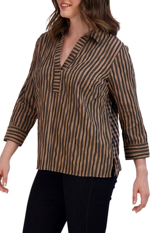 Shop Foxcroft Sophie Crinkle Stripe Cotton Blend Popover Shirt In Almond/black