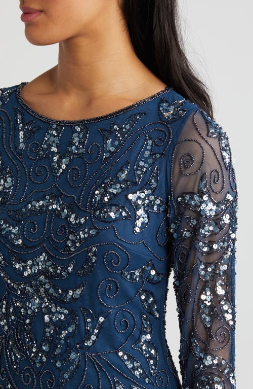 Shop Pisarro Nights Illusion Sleeve Beaded A-line Gown In Petrol Blue