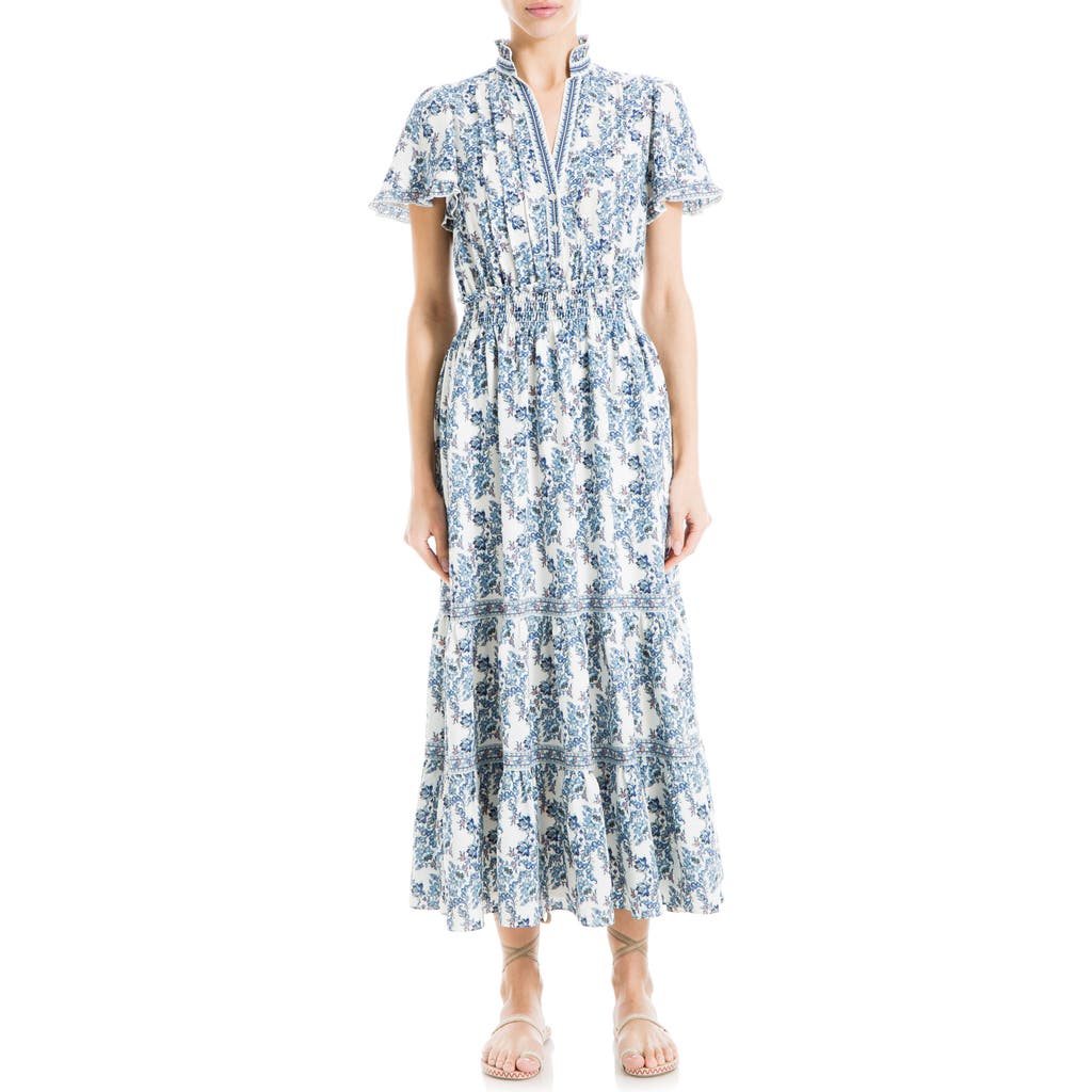 Max Studio Tiered Flutter Sleeve Maxi Dress In Cream/blue Print