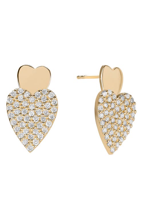 Double Diamond Heart Drop Earrings in Yellow Gold