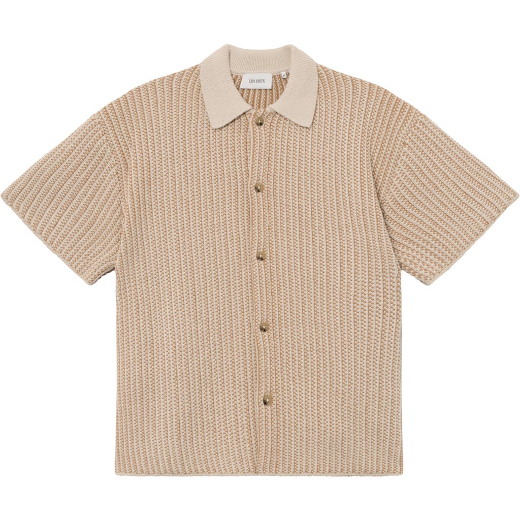 Les Deux Easton Short Sleeve Button-up Sweater In Camel/ivory
