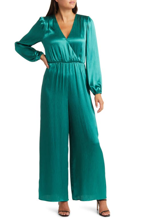 Textured Long Sleeve Satin Jumpsuit in Emerald