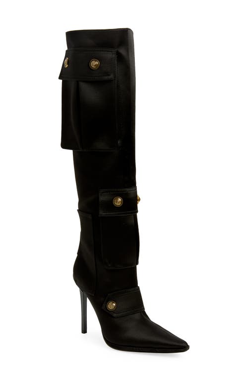 Jeffrey Campbell Pocketed Pointed Toe Knee High Boot in Black Satin
