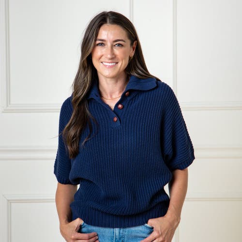 Shop Hope & Henry Organic Spread Collar Sweater In Navy Cardigan Stitch