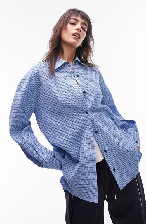 Topshop Oversize Check Textured Cotton Button-Up Shirt Mid Blue at Nordstrom, Us