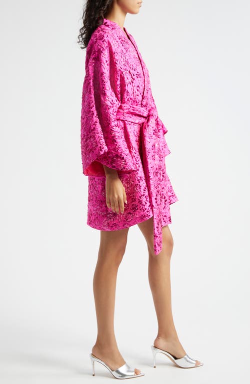 Shop La Vie Style House Floral Brocade Long Sleeve Cover-up Wrap Minidress In Magenta