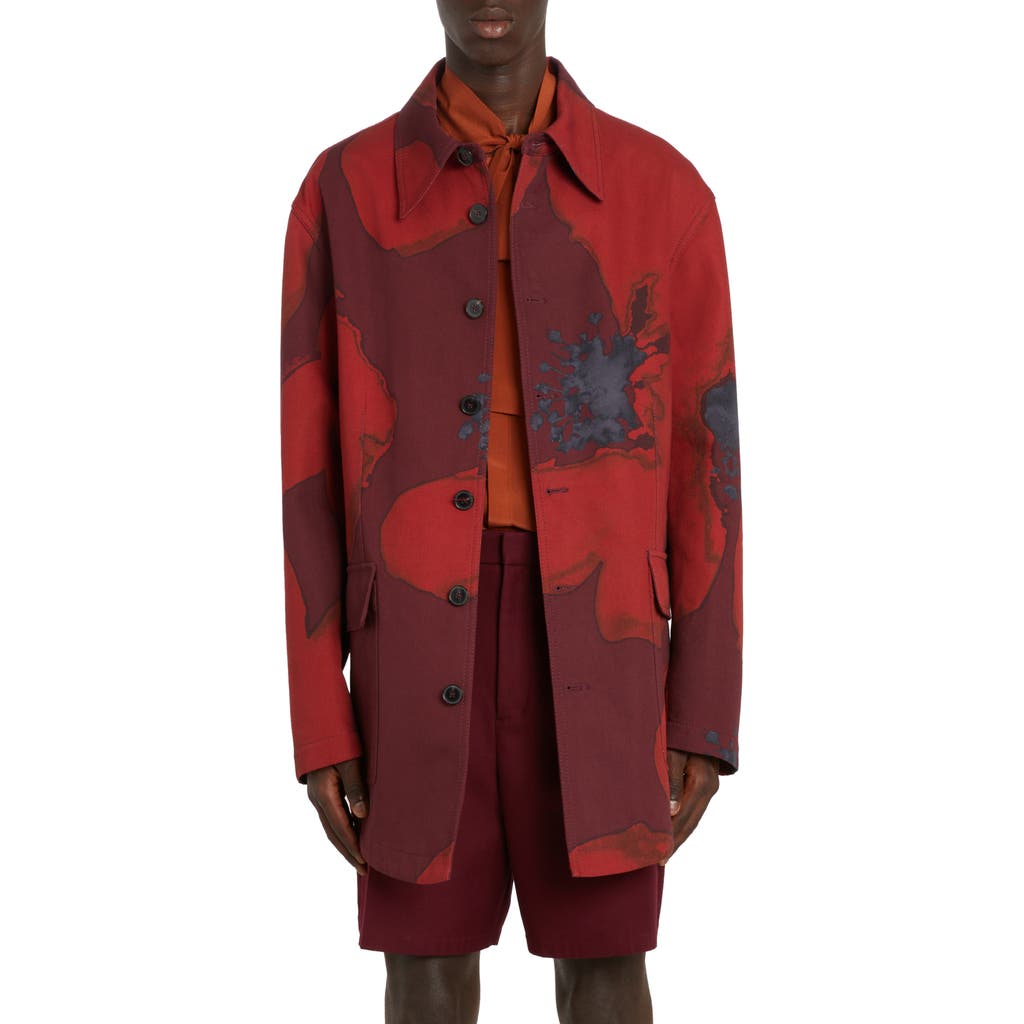Valentino Flower Portrait Print Cotton Coat In Zvx Rubin/rosso