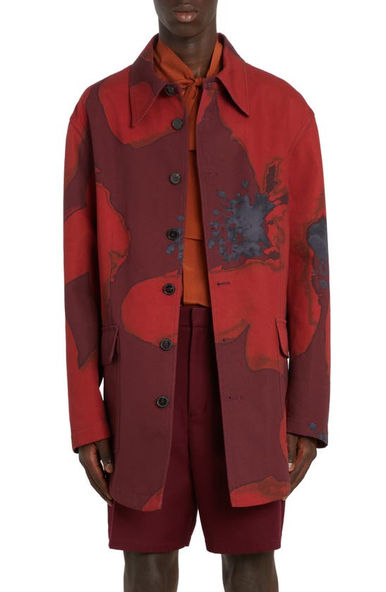 Valentino Flower Portrait Print Cotton Coat In Zvx Rubin/ Rosso
