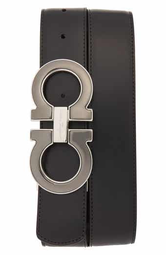 Salvatore Ferragamo Men's Smooth Reversible Calf Belt with Tonal Metallic Double Gancini Buckle - 46 / Black/Auburn