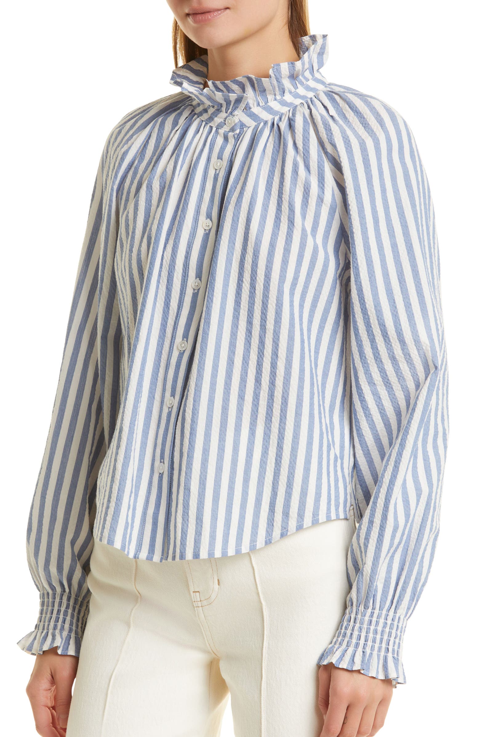 Veronica Beard Calisto Stripe Ruffle Stretch Cotton Shirt | Nordstrom