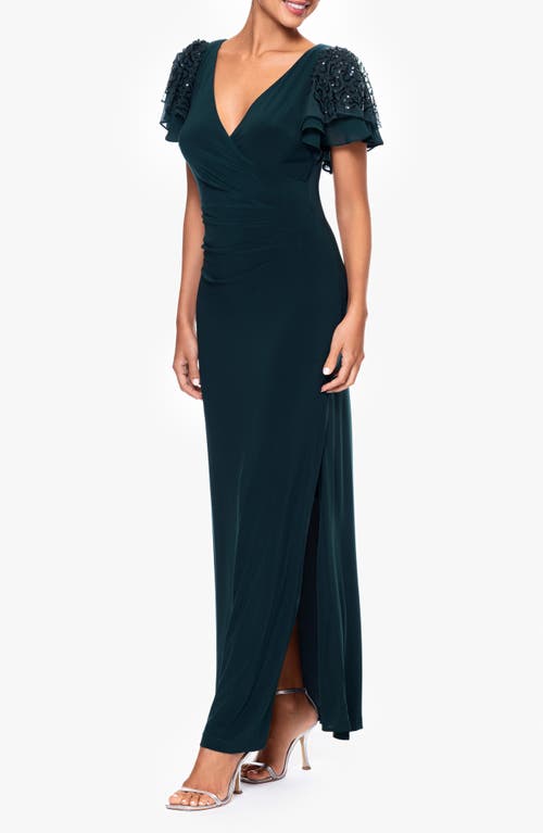 BETSY & ADAM BETSY & ADAM SEQUIN FLUTTER SLEEVE GOWN 