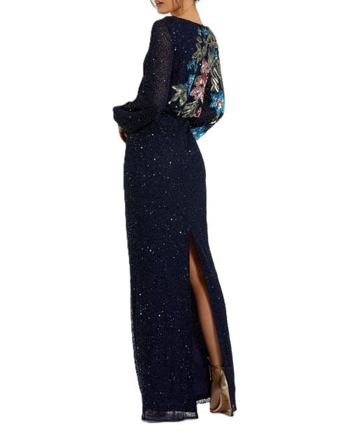 Mac Duggal Embellished Multi Color Floral High Neck Gown In Midnight