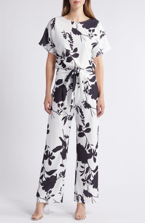 NIKKI LUND Lindsey Floral Tie Waist Jumpsuit White/black at Nordstrom,