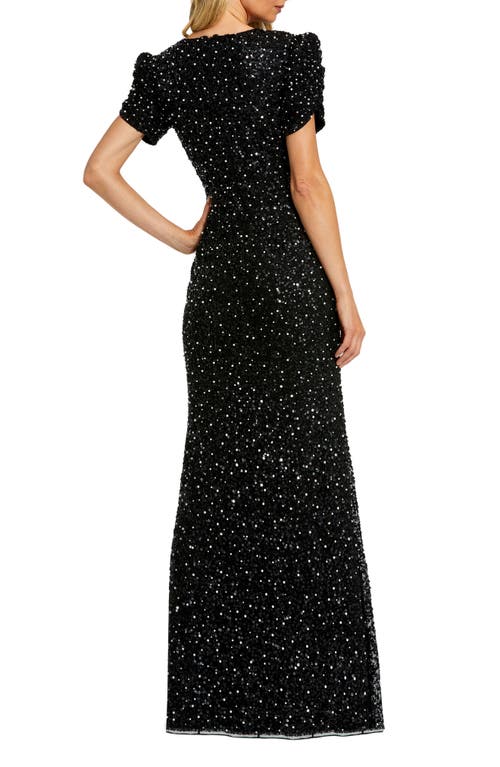 Shop Mac Duggal Sequin Gathered Sleeve Column Gown In Black