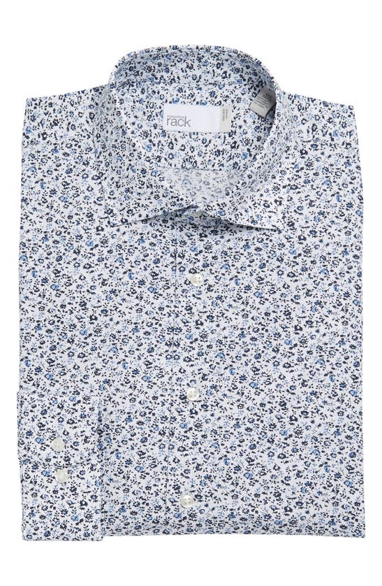 Nordstrom Rack Trim Fit Non-iron Floral Print Cotton Dress Shirt In White- Navy Cosmos