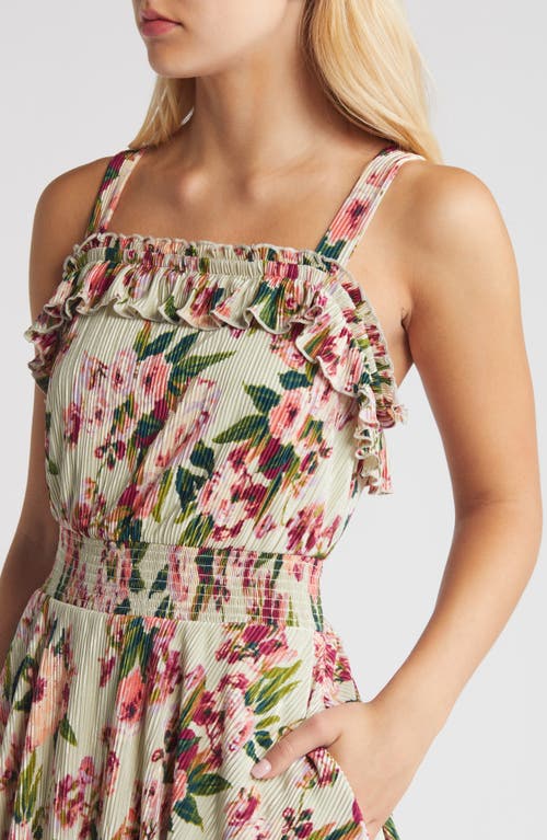 Shop Chelsea28 Plissé Tiered Maxi Dress In Green- Pink Blossoms