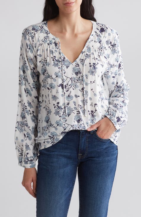 Lucky Brand Square Neck Top Blue Floral Women's SIZE-M