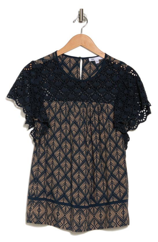 Shop Dr2 By Daniel Rainn Knit Lace Printed Short Sleeve Top In Inkwell