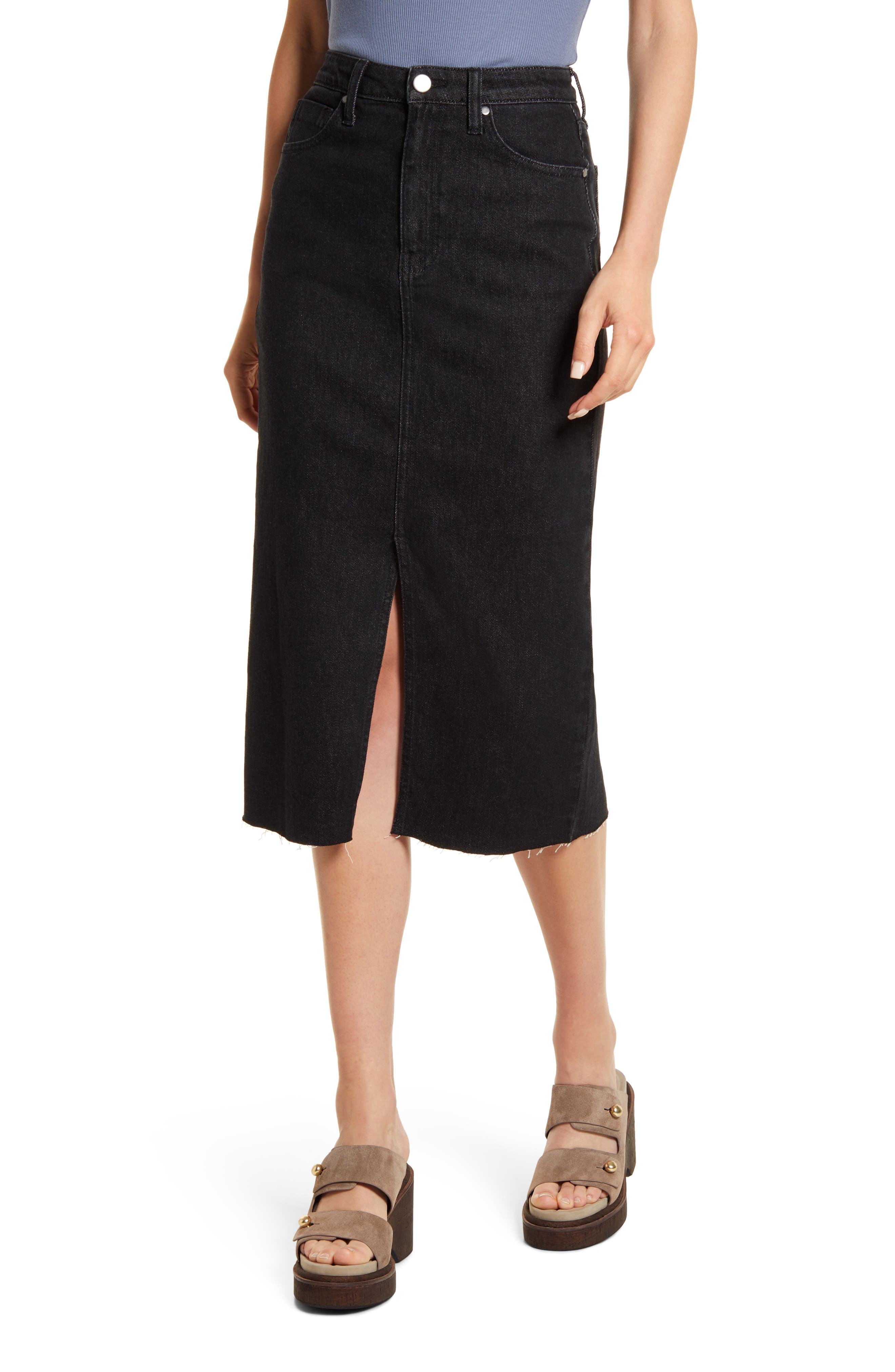 high waisted mid length denim skirt