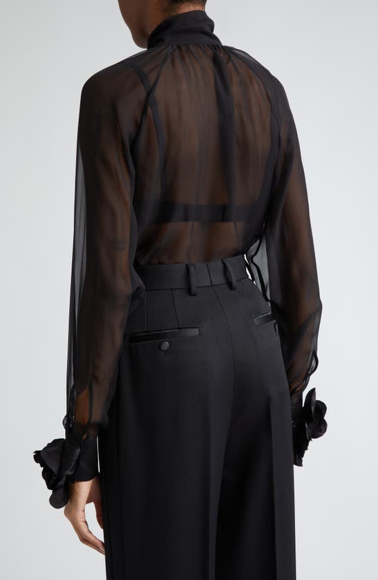 Shop Dolce & Gabbana Floral Appliqué Tie Neck Sheer Silk Shirt In Nero