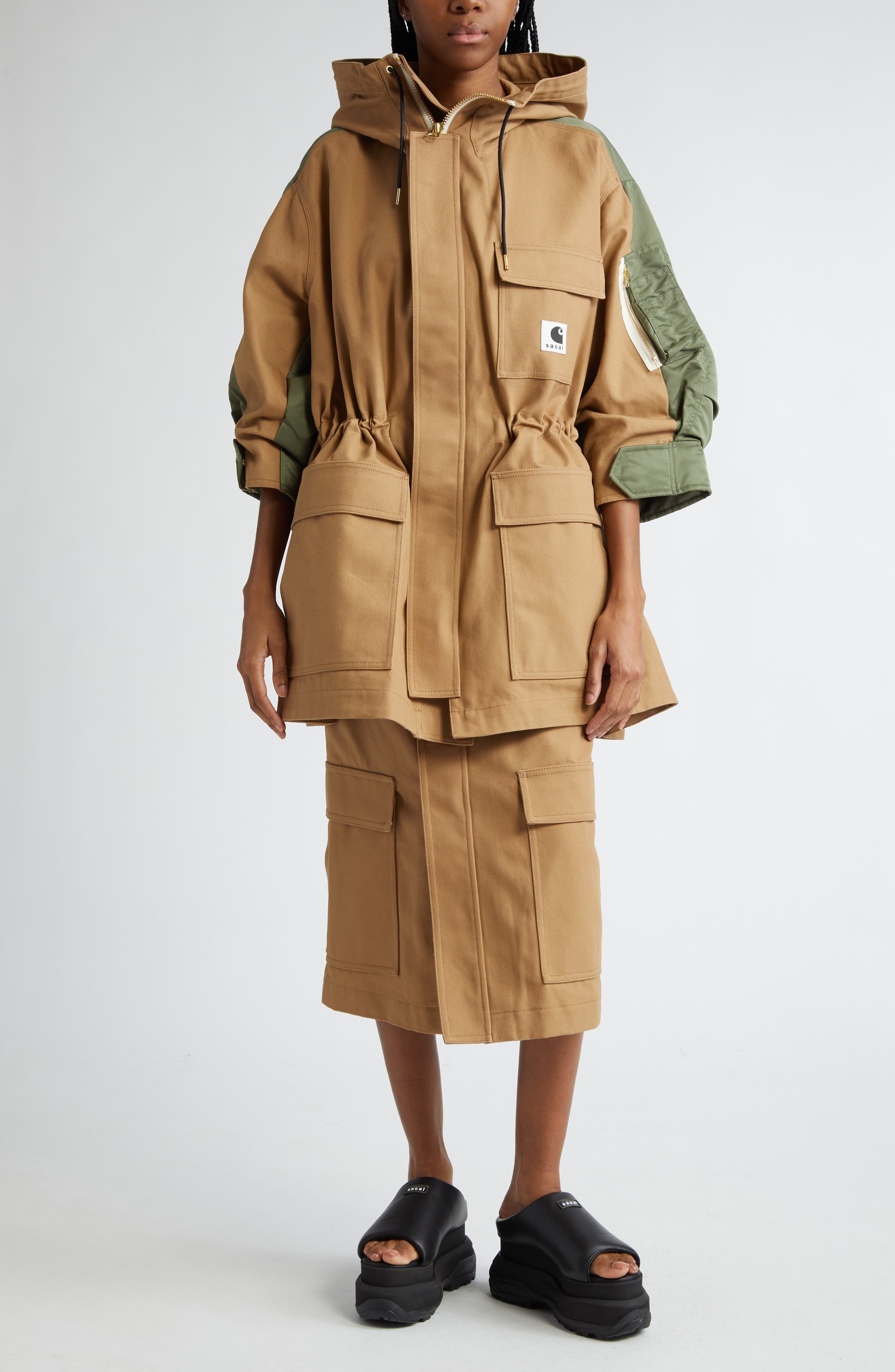 Sacai Carhartt WIP Mixed Media Coat in Beige Khaki | Smart Closet