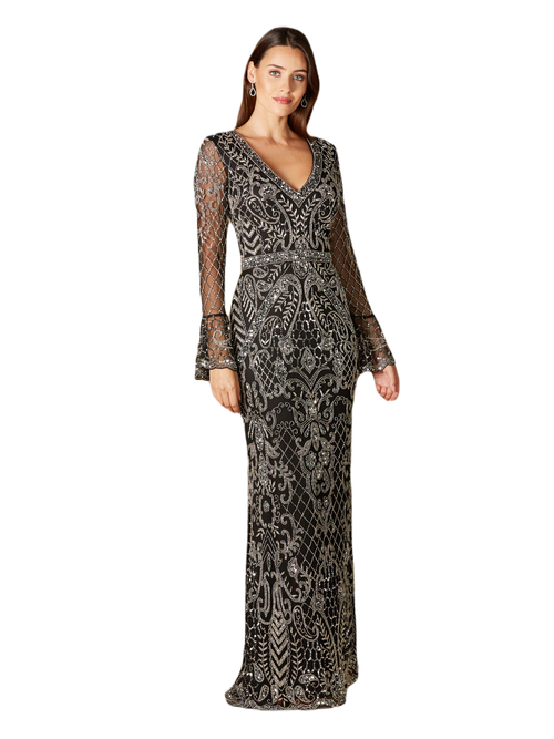 Shop Lara New York Long Bell Sleeve V-neck Beaded Gown In Blacksilver