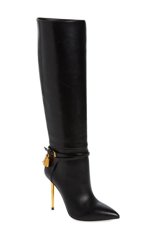 Padlock Pointed Toe Knee High Boot in Black