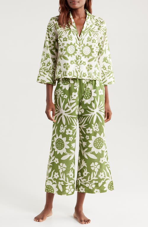 Desmond & Dempsey Print Boxy Wide Leg Cotton Pajamas in Fabelei Placed Cream /Green 