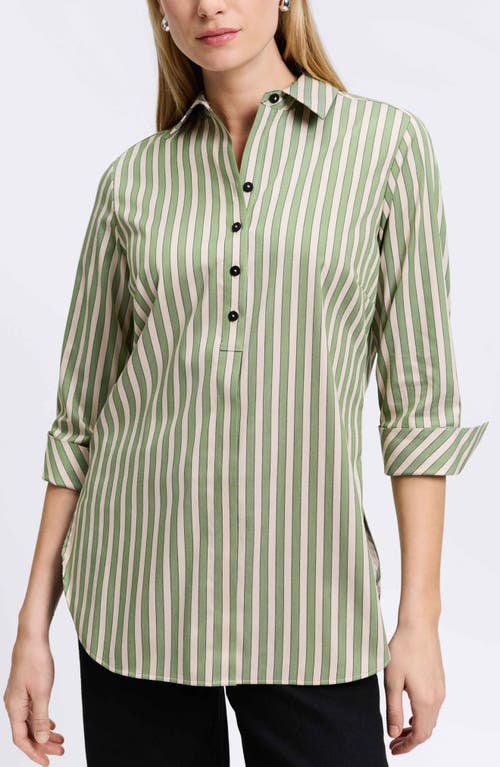 Foxcroft Madison Stripe Stretch Cotton Blend Top In Olive/neutral