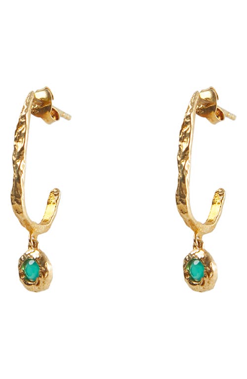 Green Onyx Drop Hoop Earrings in Gold