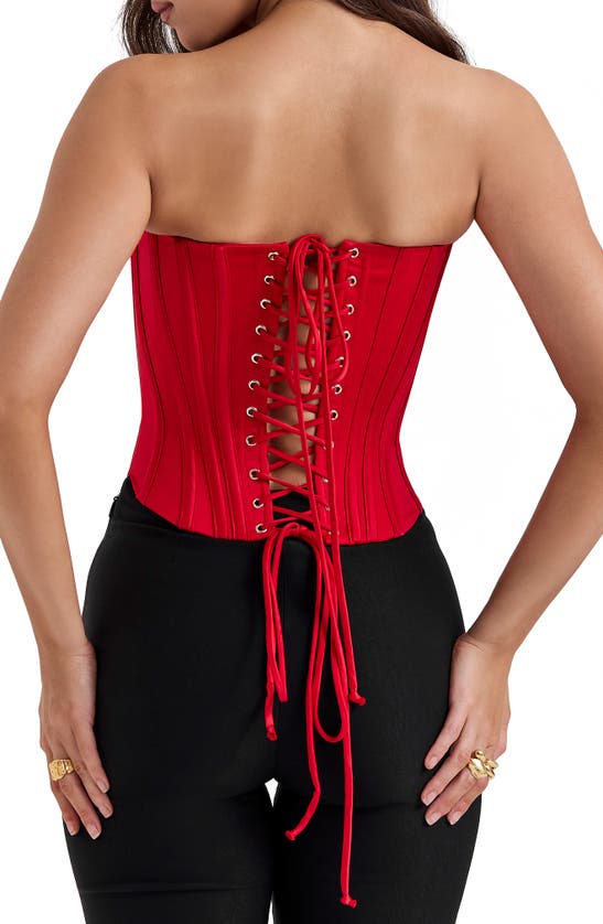 Shop House Of Cb Genevieve Strapless Satin Corset Top In Salsa