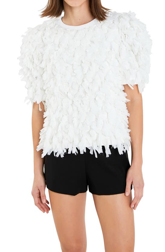 English Factory Puff Sleeve Textured Ribbon Top In White