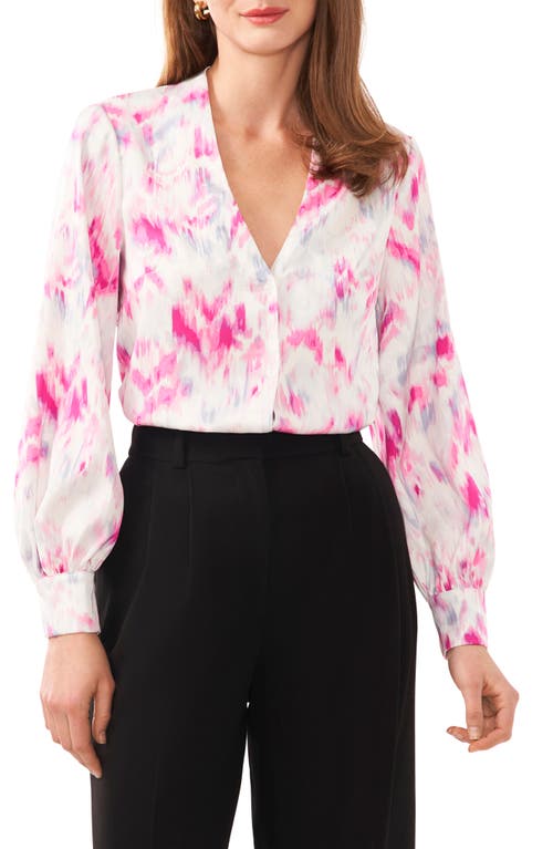 halogen(r) Collarless Satin Button-Up Shirt Magenta Pink/Multi at Nordstrom,
