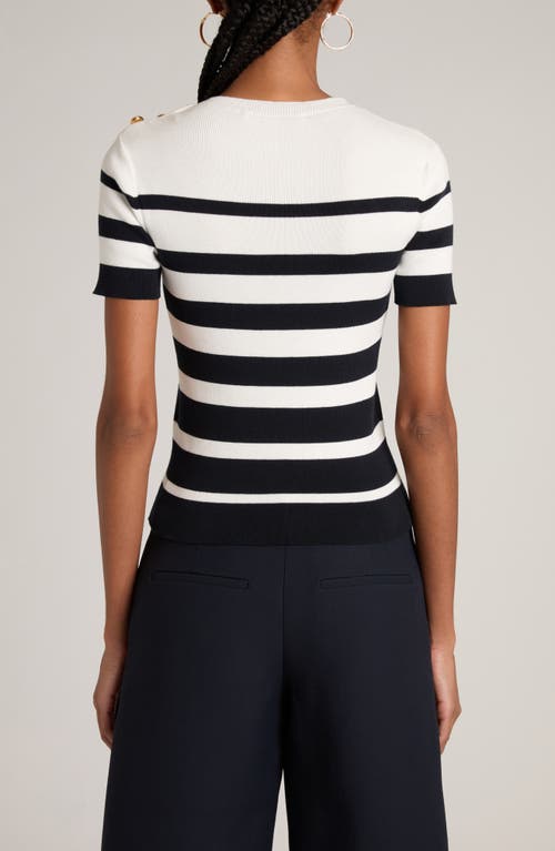 Shop Valentino Garavani Stripe Button Detail Short Sleeve Sweater In Navy/avorio