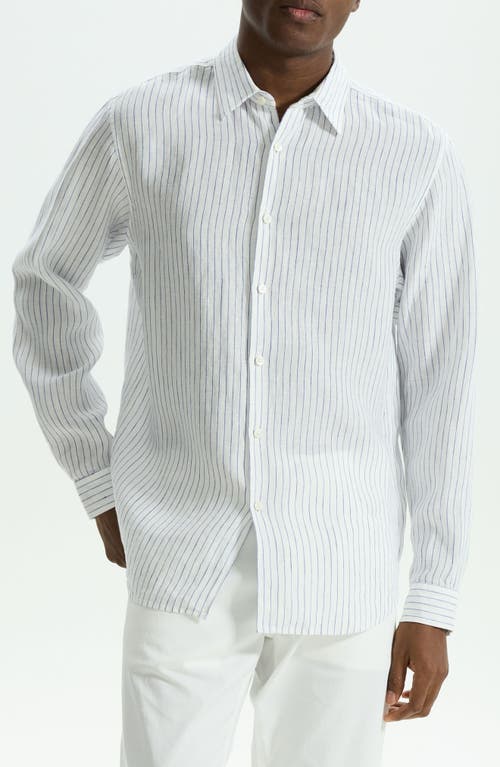 Shop Theory Irving Pinstripe Linen Button-up Shirt In White/ocean