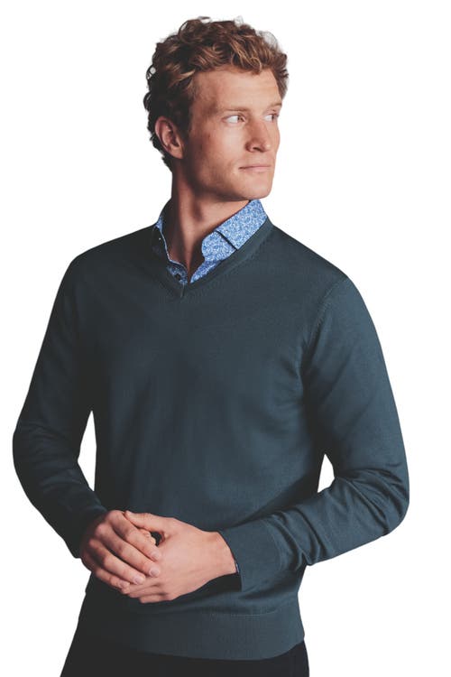 Charles Tyrwhitt Pure Merino V Neck Sweater in Petrol Blue 