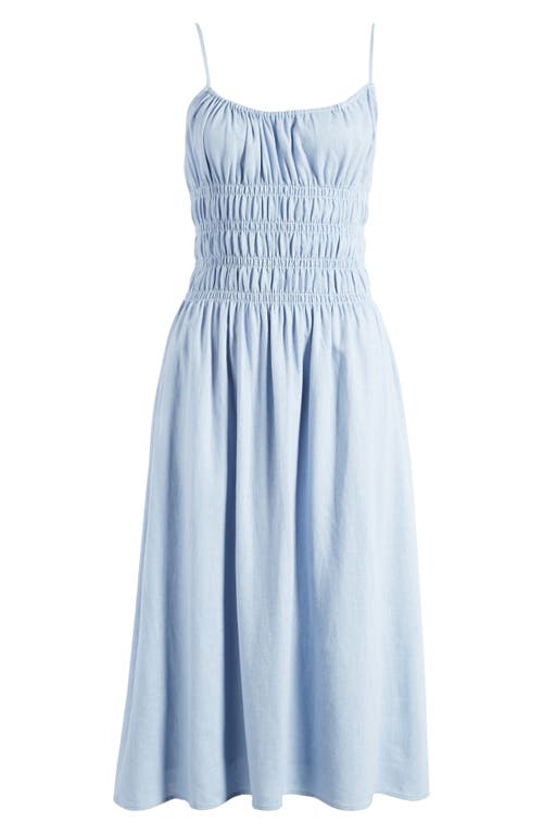 Shop Wayf Isabelle Smocked Linen Blend Midi Sundress In Dusty Blue